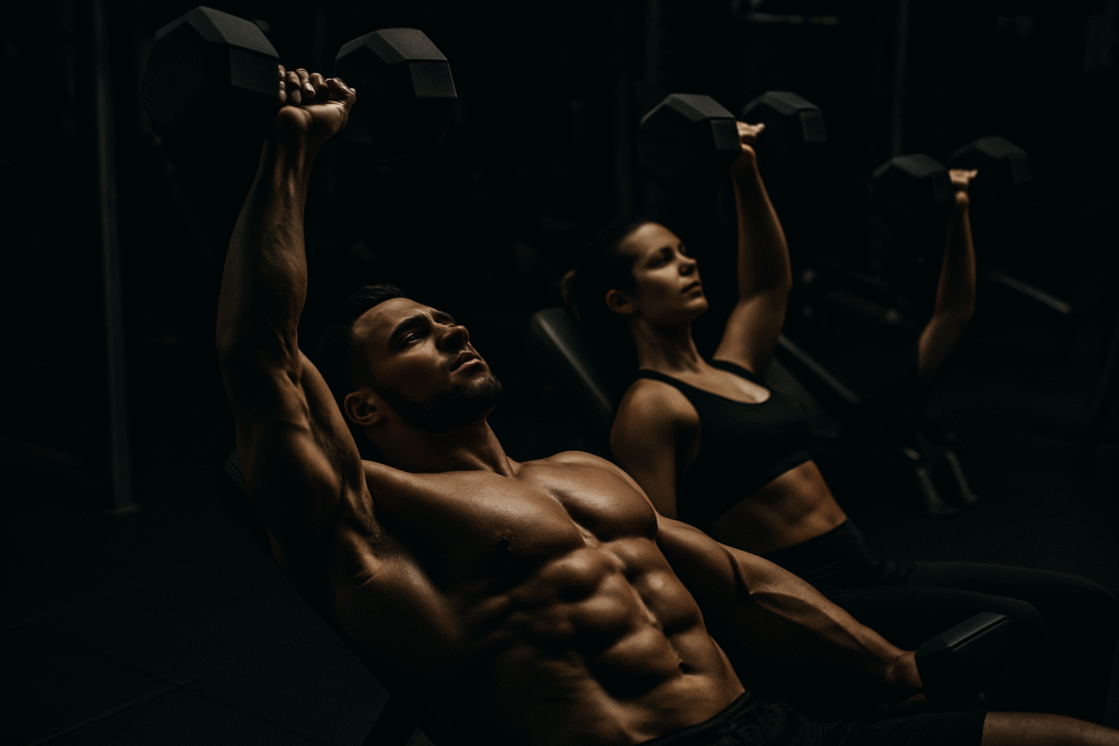 Entrenamiento de pecho con mancuernas en Legends Fitness Club, gimnasio de alto rendimiento en Torrejón de Ardoz